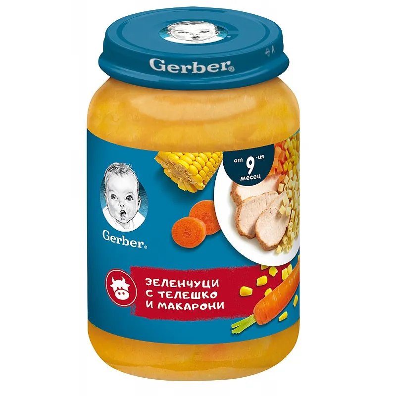ПЮРЕ ГЕРБЕР ЗЕЛЕНЧ. С ТЕЛЕШКО И МАКАРОНИ 8+м.190гр.