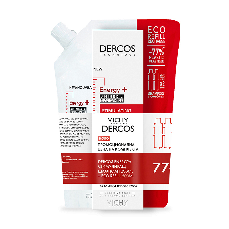 ВИШИ ПРОМО DERCOS ШАМПОАН ENERGY+ при косопад 200мл.+ рефил 500мл.